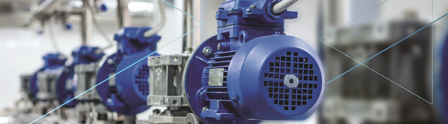 Automated factory with blue motors on an assembly line.